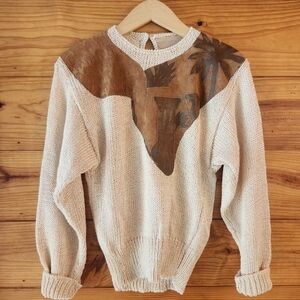 Vintage Knit Sweater with Leather Accents Sz SMALL